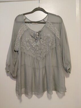 4 Love & Liberty Silk Embroidered Blouse Sheer Romantic Sage Green XL